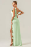 Dark Green Sheath Deep V Neck Backless Long Bridesmaid Dress with Ruffle Slit