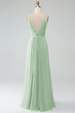 Dusty Blue A-Line Spaghetti Straps Pleated Chiffon Long Bridesmaid Dress