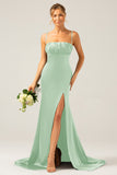 Dusty Sage Mermaid Spaghetti Straps Satin Pleated Prom Dress