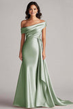 One Shoulder Pleated Champagne Sheath Long Formal Dress