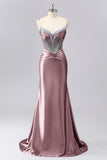 Sparkly Grey Blue Mermaid Ruched Corset Satin Long Prom Dress with Rhinestones