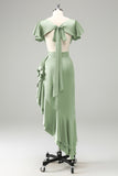 Olive V Neck Satin Sheath Wedding Guest Dress with Ruffles