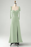 Olive  A Line Spaghetti Straps Floor Length Wedding Guest Dress with Slit