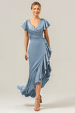 Olive A Line V Neck Satin Asymmetrical Bridesmaid Dress with Ruffle Slit