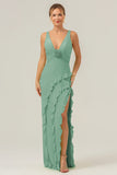 Dark Green Sheath Deep V Neck Backless Long Bridesmaid Dress with Ruffle Slit