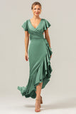 Dark Green A Line V Neck Satin Asymmetrical Bridesmaid Dress with Ruffle Slit