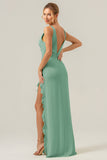 Dark Green Sheath Deep V Neck Backless Long Bridesmaid Dress with Ruffle Slit