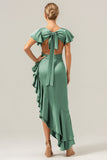 Dark Green A Line V Neck Satin Asymmetrical Bridesmaid Dress with Ruffle Slit