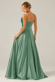 Dark Green A Line Cowl Neck Satin Pleated Long Prom Dress