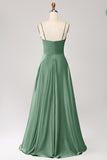 Dark Green A Line Cowl Neck Satin Long Prom Dress with Pleated