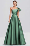 Dark Green A Line One Shoulder Bow Satin Long Formal Dress