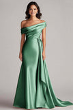 One Shoulder Pleated Champagne Sheath Long Formal Dress