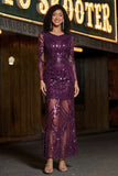 Purple V-Neck Sheath Sequin Long Sleeve Ball Dress