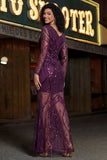 Purple V-Neck Sheath Sequin Long Sleeve Ball Dress