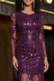Purple V-Neck Sheath Sequin Long Sleeve Ball Dress