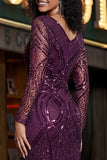 Purple V-Neck Sheath Sequin Long Sleeve Ball Dress