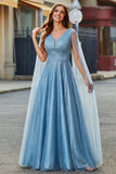 Sparkly Blue V-Neck A Line Ball Dress with Cape Sleeves
