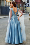 Sparkly Blue V-Neck A Line Ball Dress with Cape Sleeves