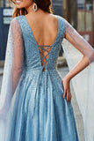 Sparkly Blue V-Neck A Line Ball Dress with Cape Sleeves
