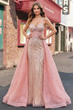 Sparkly Blush Spaghetti Straps Mermaid Ball Dress with Cape