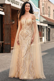Off the Shoulder Mermaid Champagne Sequin Long Ball Dress with Cape Sleeves