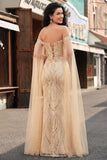 Off the Shoulder Mermaid Champagne Sequin Long Ball Dress with Cape Sleeves
