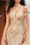 Off the Shoulder Mermaid Champagne Sequin Long Ball Dress with Cape Sleeves