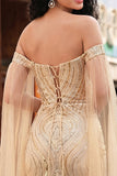 Off the Shoulder Mermaid Champagne Sequin Long Ball Dress with Cape Sleeves