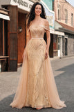 Champagne Off the Shoulder Sequin Mermaid Long Ball Dress