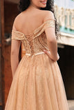 Champagne Off the Shoulder Sequin Mermaid Long Ball Dress