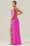 Dark Green Sheath Deep V Neck Backless Long Bridesmaid Dress with Ruffle Slit