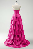Burgundy Princess Sweetheart Beaded Tiered Corset Long Prom Dress with Slit