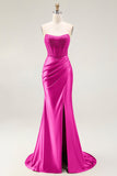 Blush Mermaid Sheer Corset Beaded Strapless Long Prom Dress With Slit