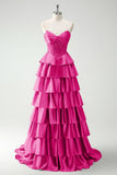 Burgundy Princess Sweetheart Beaded Tiered Corset Long Prom Dress with Slit