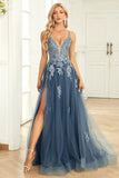 A Line Spaghetti Straps Grey Blue Long Ball Dress with Appliques