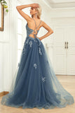 A Line Spaghetti Straps Grey Blue Long Ball Dress with Appliques