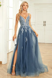 A Line Spaghetti Straps Grey Blue Long Ball Dress with Appliques