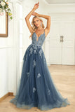 A Line Spaghetti Straps Grey Blue Long Ball Dress with Appliques