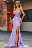 Lilac Mermaid V Neck Open Back Beaded Appliques Ball Dresses with Slit