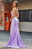 Lilac Mermaid V Neck Open Back Beaded Appliques Ball Dresses with Slit