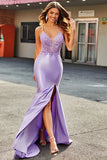 Lilac Mermaid V Neck Open Back Beaded Appliques Ball Dresses with Slit