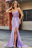 Lilac Mermaid V Neck Open Back Beaded Appliques Ball Dresses with Slit