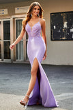 Lilac Mermaid V Neck Open Back Beaded Appliques Ball Dresses with Slit