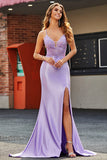 Lilac Mermaid V Neck Open Back Beaded Appliques Ball Dresses with Slit