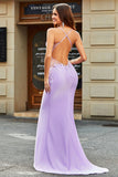 Lilac Mermaid V Neck Open Back Beaded Ball Dresses with Appliques