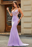 Lilac Mermaid V Neck Open Back Beaded Ball Dresses with Appliques