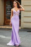 Lilac Mermaid V Neck Open Back Beaded Ball Dresses with Appliques