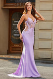 Lilac Mermaid V Neck Open Back Beaded Ball Dresses with Appliques