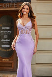 Lilac Mermaid V Neck Open Back Beaded Ball Dresses with Appliques