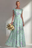 A Line Blue Chiffon Printed Floral Long Bridesmaid Dress with Ruffles